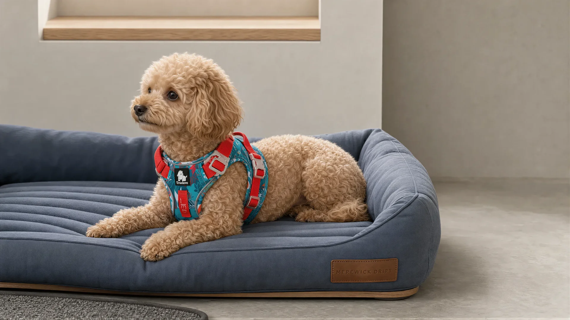 Poodle wearing a teal and red Truelove no-pull reflective harness lying on a modern blue pet sofa