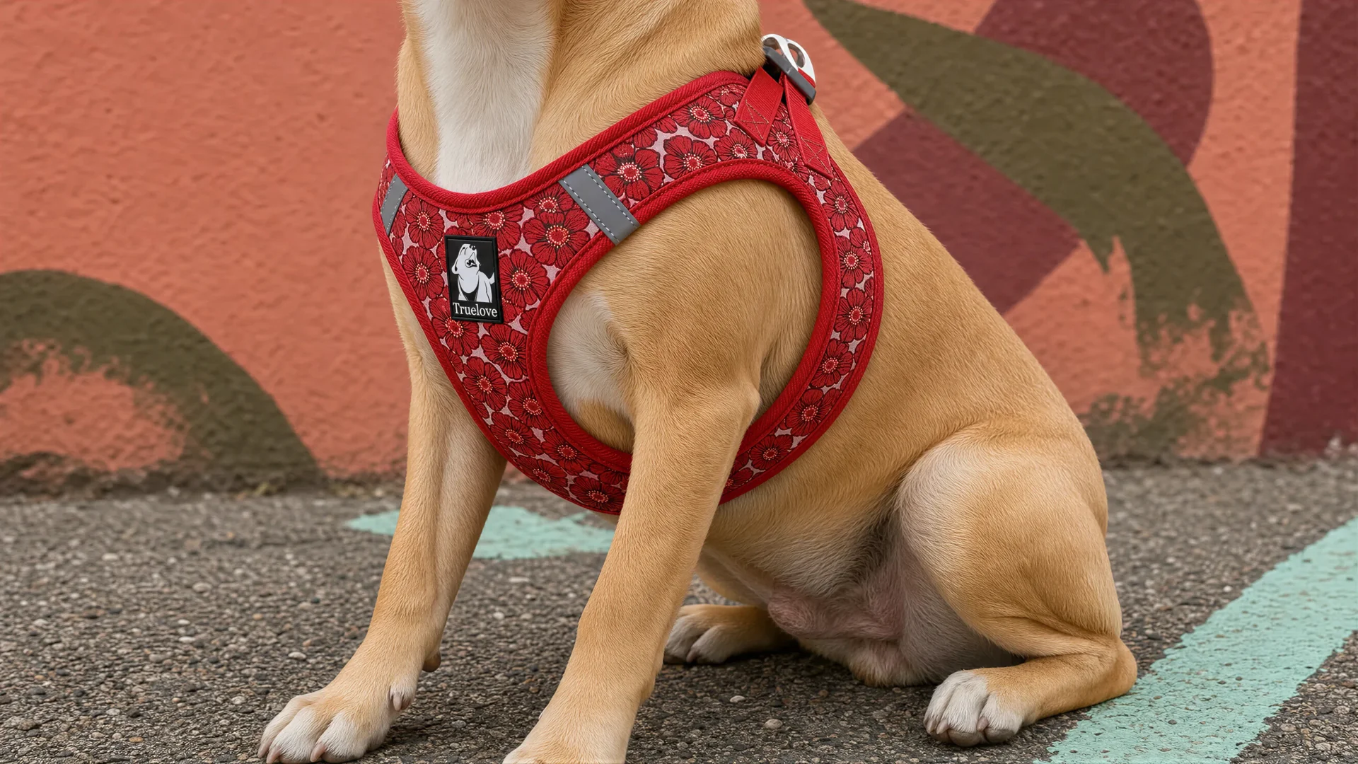 Dog in a red poppy-print Truelove easy-fit harness sitting in front of a colourful street mural